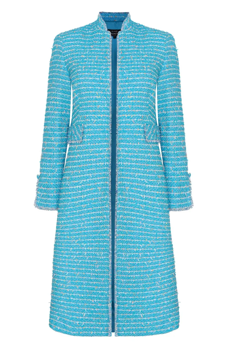 Turquoise Tweed Dress-Coat with Multi Stripes - Claire