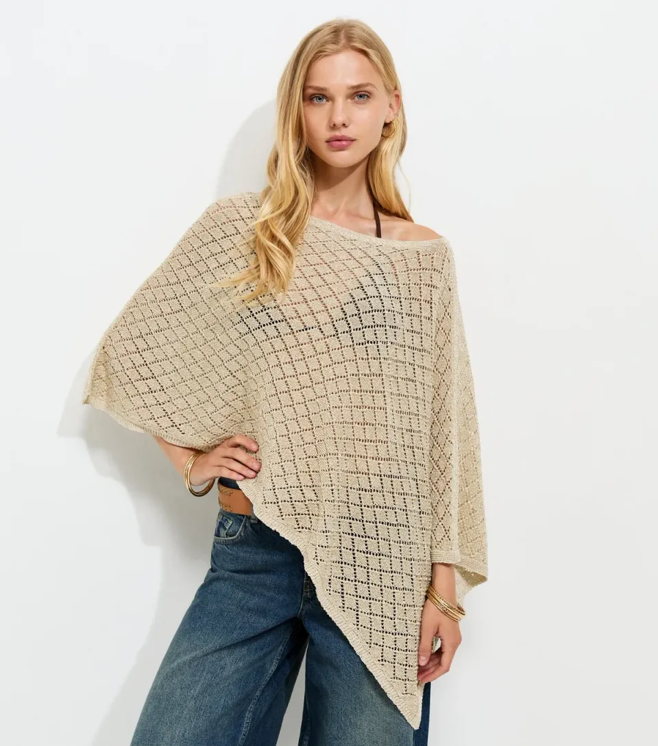 Women's Gold Cotton Blend Diamond Knit Poncho