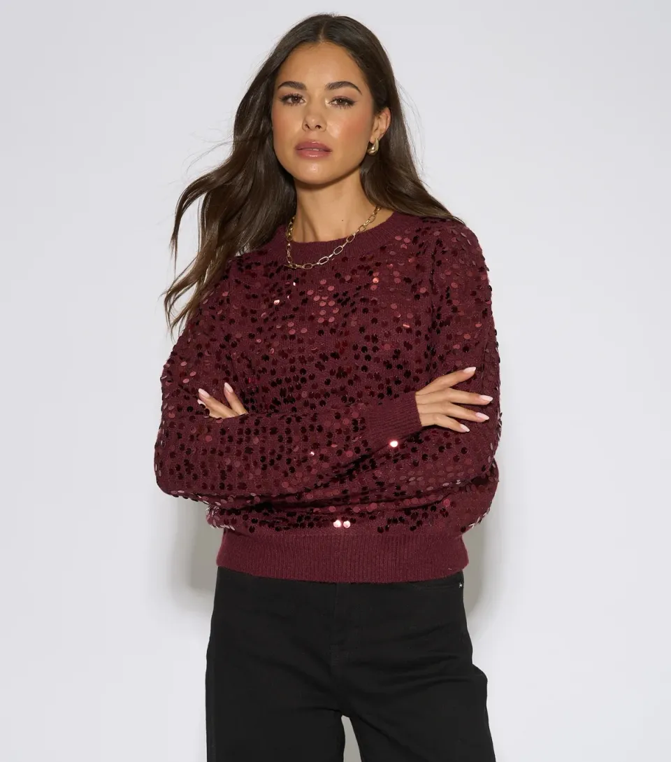 Women's Dark Red Sequin Long Sleeve Jumper