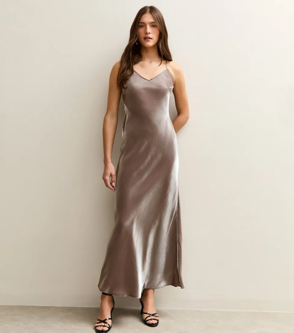 Women's Brown Satin Slip Maxi Dress