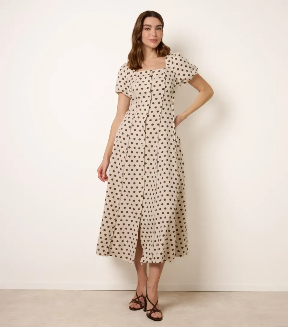 Women's Stone Linen Polka Dot Puff Sleeve Midi Dress