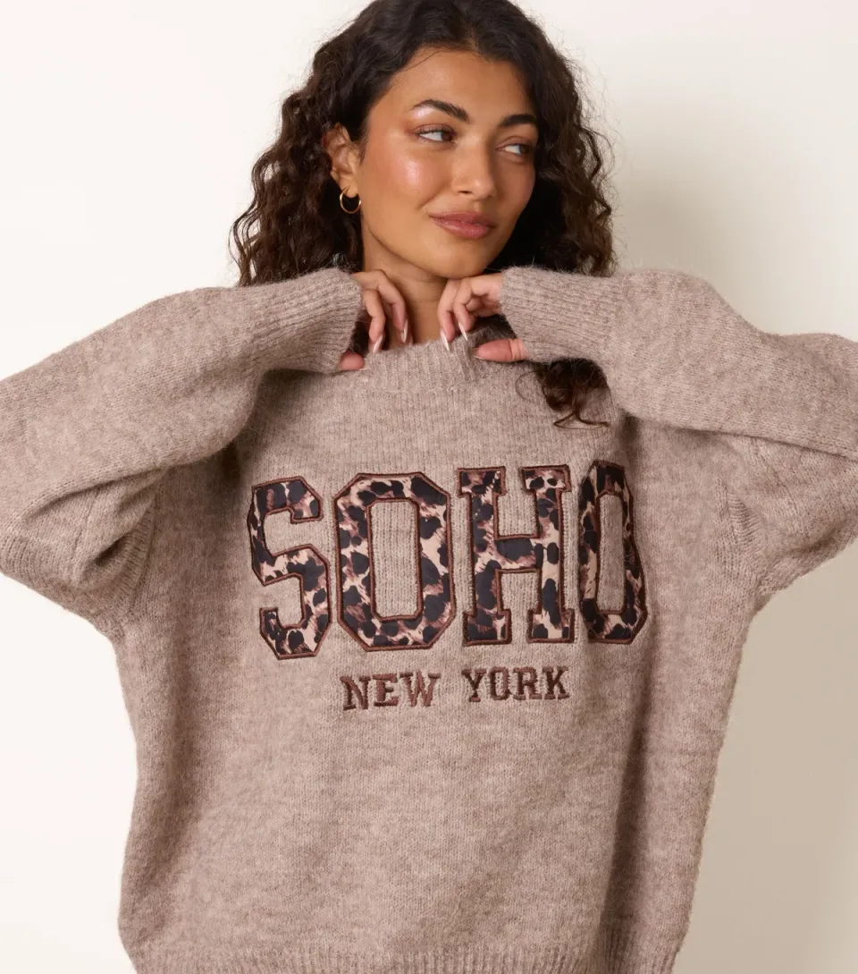 Women's Light Brown Soho New York Embroidered Knitted Jumper