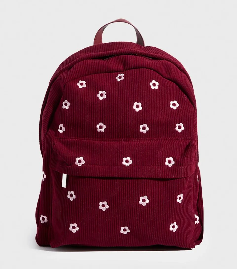 Burgundy Floral Embroidered Corduroy Backpack