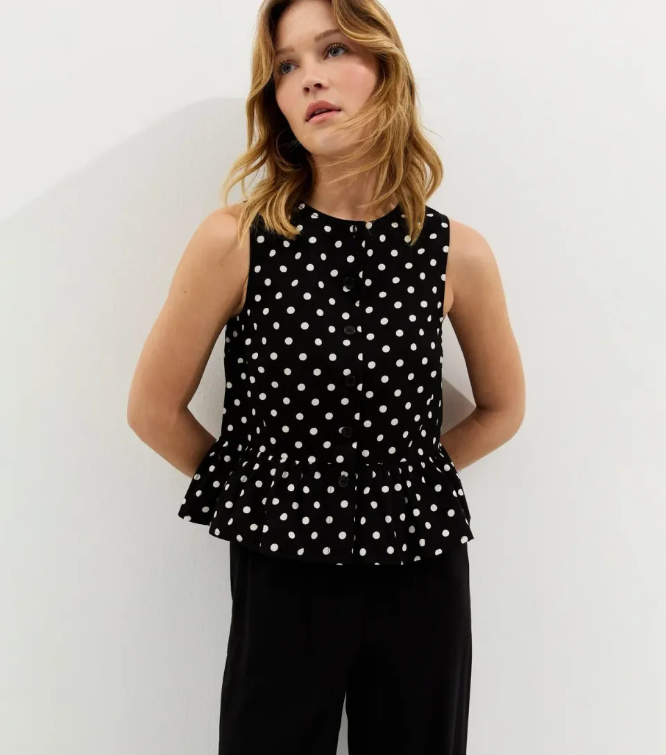 Women's Black Polka Dot Button Up Peplum Top
