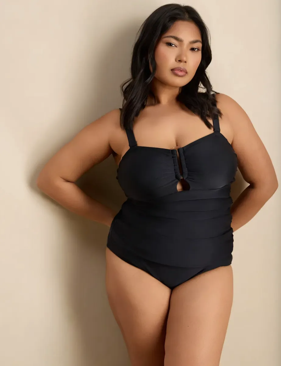 Printed Padded Cut Out Sweetheart Tankini Top Black