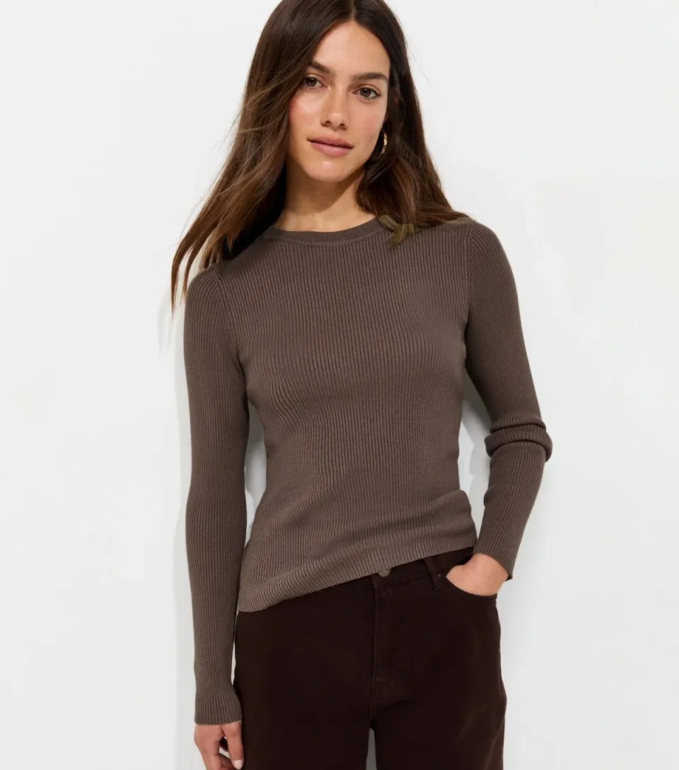 Women's Petite Dark Mink Ribbed Lightweight Crew Neck Jumper