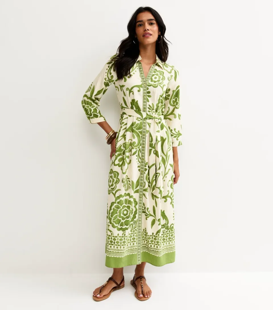 Women's Cream Floral Border Tile Print Midi Shirt Dress